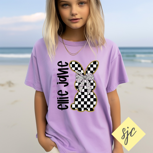 Kids Gold Checkered Bunny w/ Name Tee